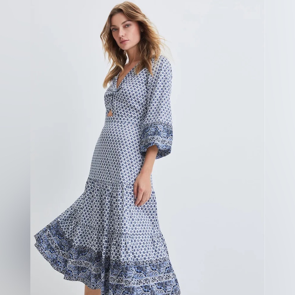 Veronica Beard Dinia Geometric Cutout Cotton Blend Blouson Sleeve Midi Dress 4